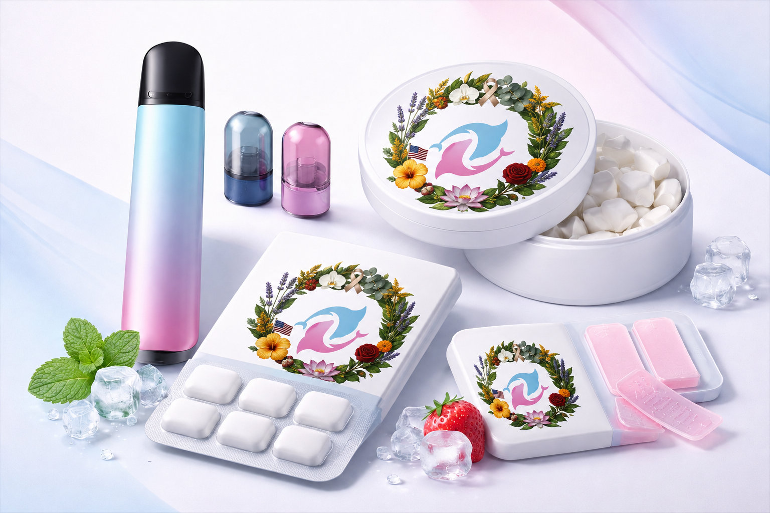 OurPureAir product lineup: vapor device, pouches, gum, and lozenges